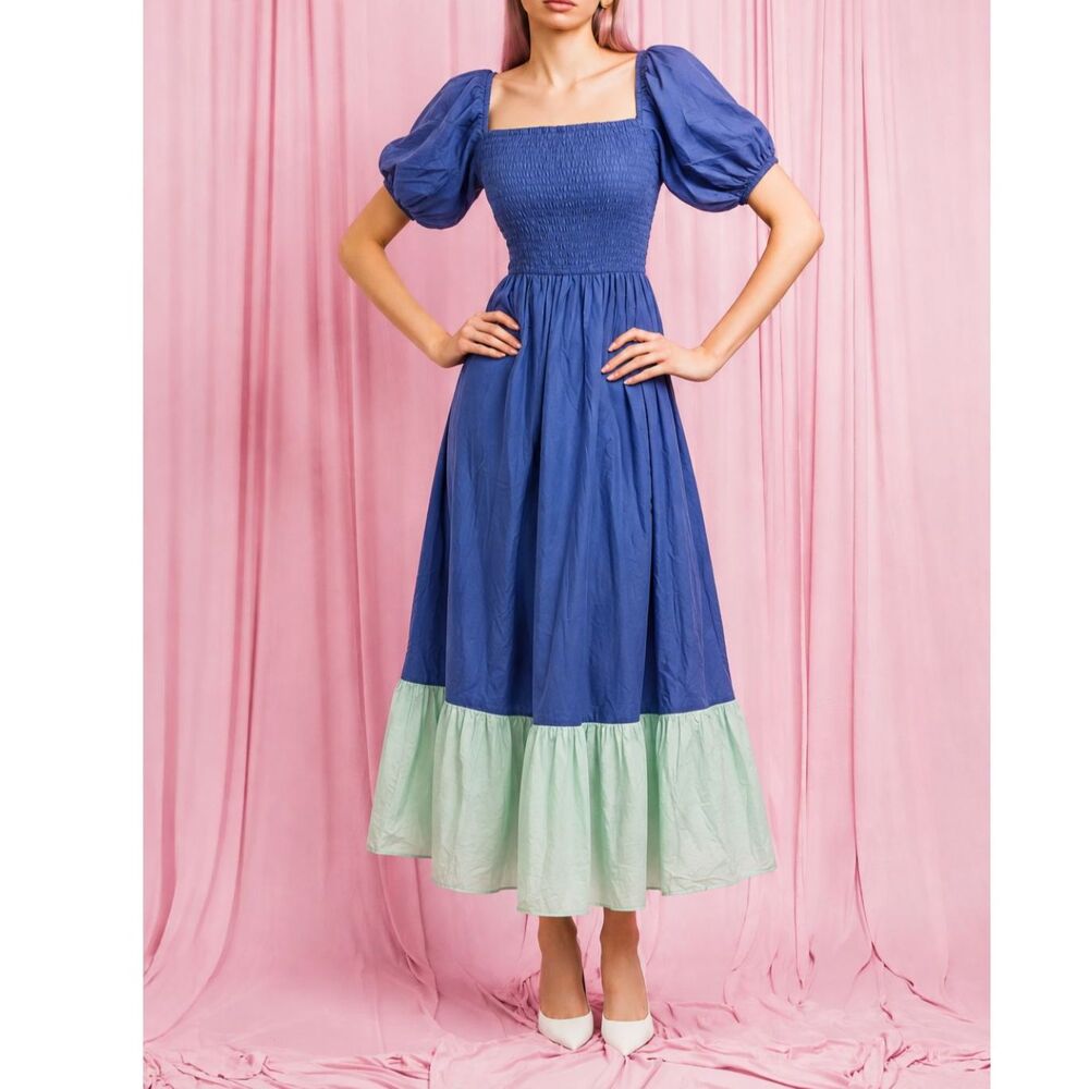 Rhode 100% Cotton  Blue Puff Sleeve Maxi Dress with Green Border Hem.